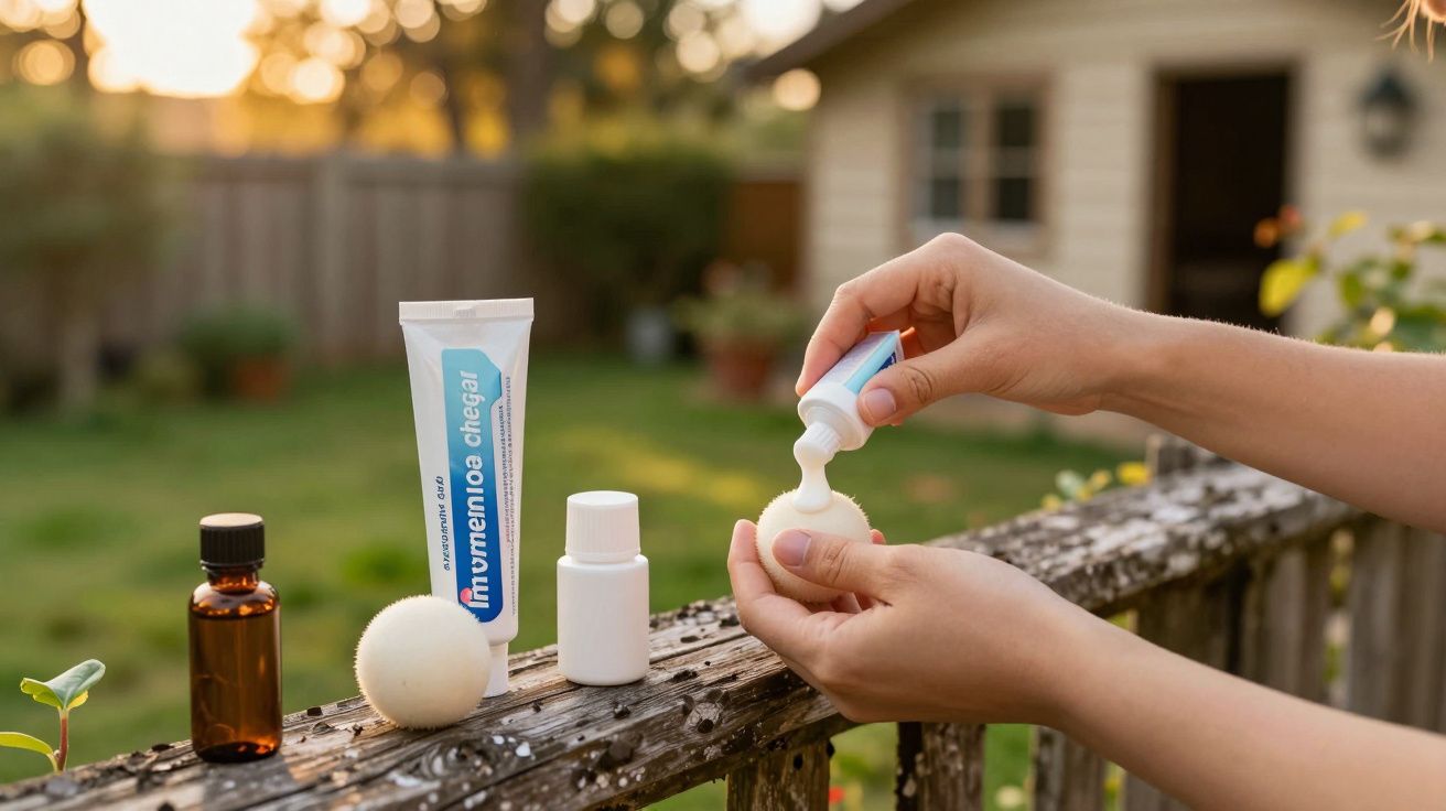 Mãos segurando frasco de creme em quintal, com casa desfocada ao fundo e produtos sobre cerca de madeira.