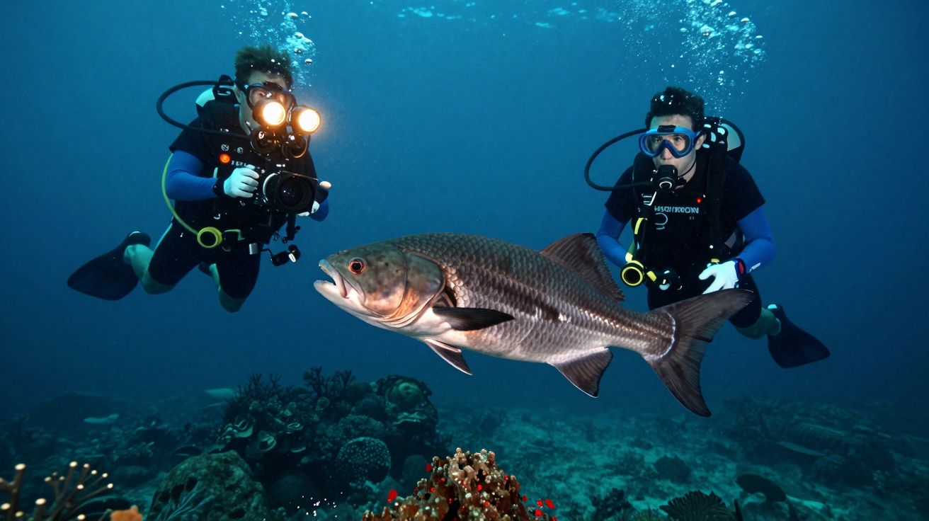 Dois mergulhadores subaquáticos fotografam um grande peixe diante de um recife de coral.