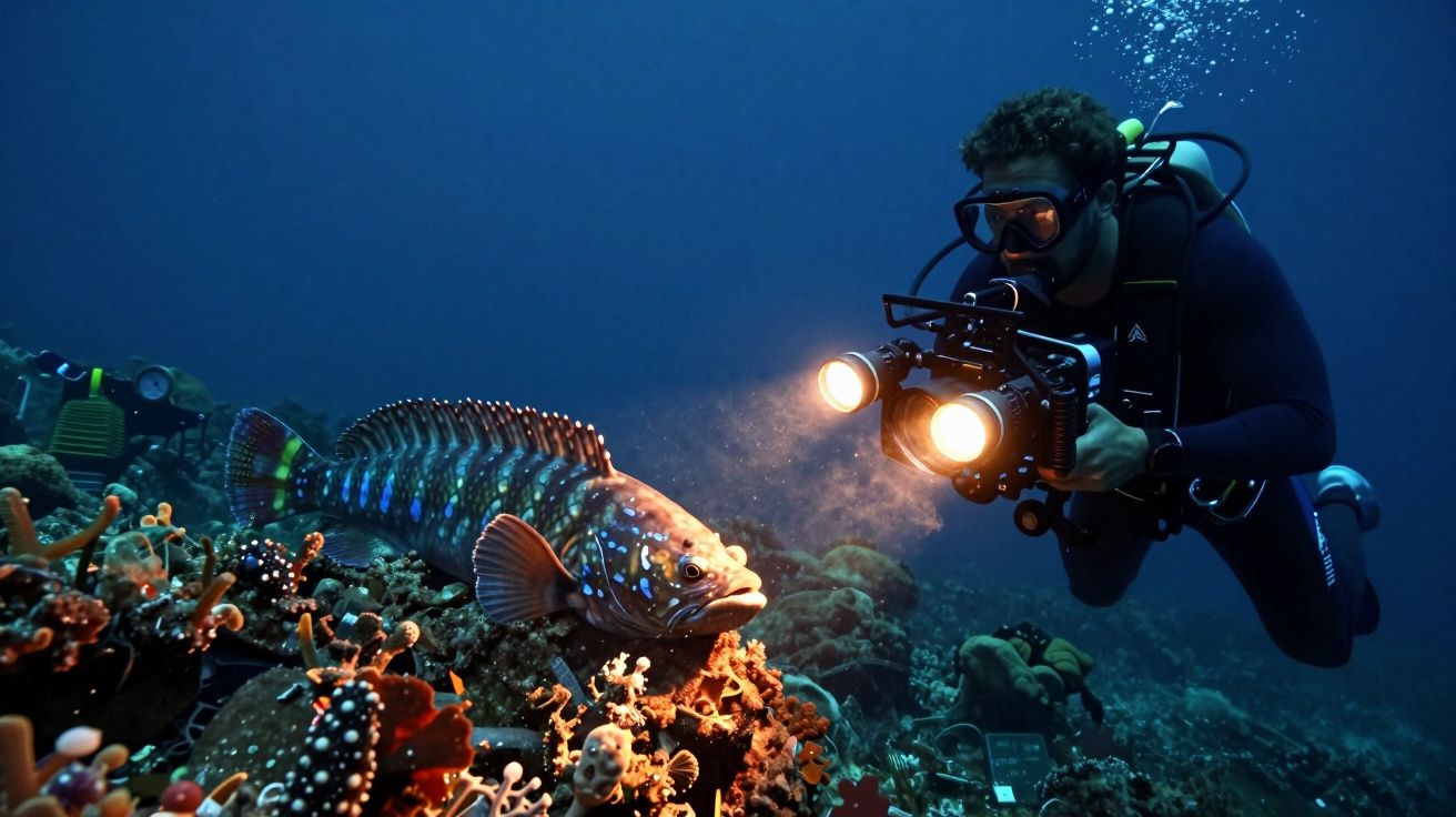 Mergulhador fotografa peixe colorido no recife de coral iluminado, em águas profundas.