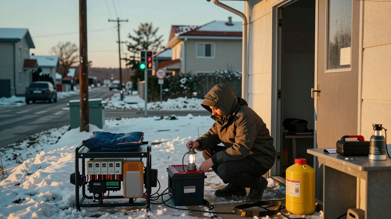 Homem ajustando equipamento elétrico ao ar livre, rodeado por neve, com casas ao fundo e semáforo ao longe.