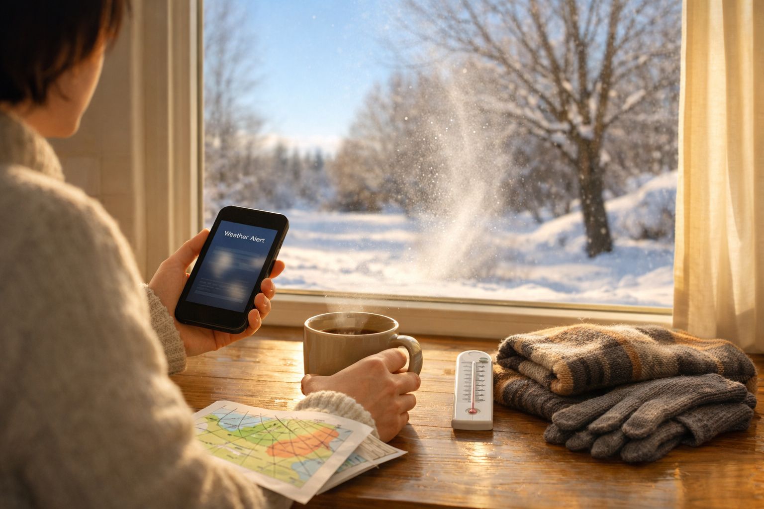 Mulher com casaco bege usa telemóvel à entrada de uma casa, ao lado de planta com neve e termómetro, em dia frio.