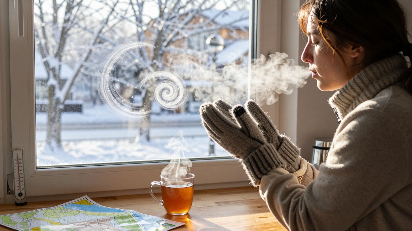 Mulher de luvas aquece-se com chá perto da janela numa manhã de inverno nevada.