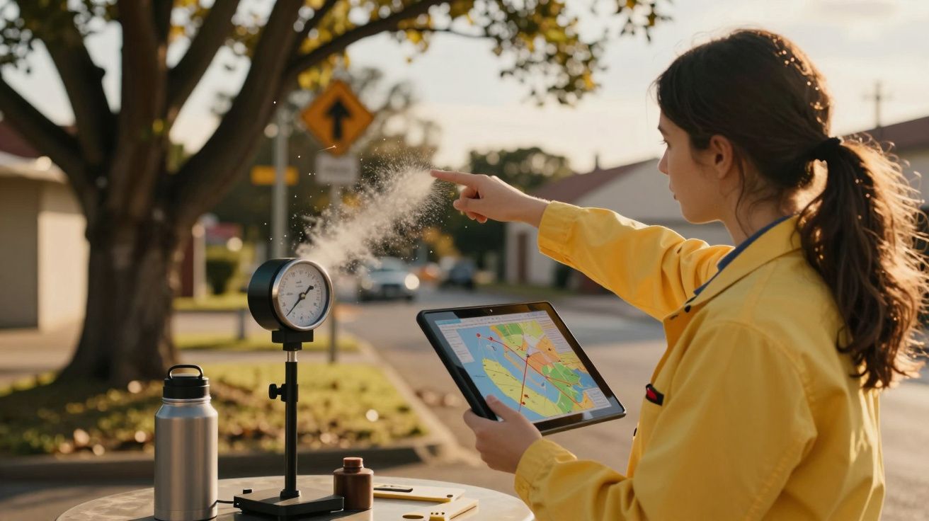 Mulher de casaco amarelo usa tablet ao lado de um medidor no exterior, perto de uma árvore e sinais de trânsito.