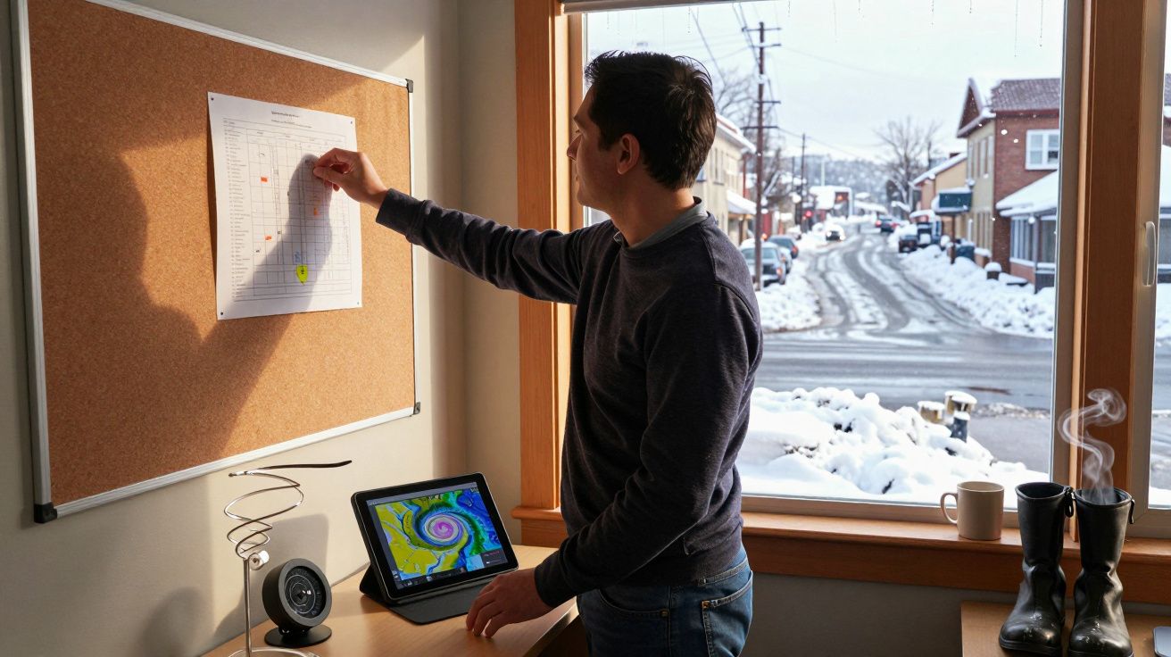 Homem analisa gráfico num quadro; janela com vista para rua nevada. Mesa com tablet, chávena, roupa e dispositivo.