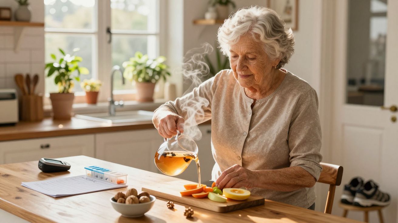 Idosa a servir chá numa cozinha iluminada, com frutas e nozes sobre a mesa ao lado de uma lista escrita.