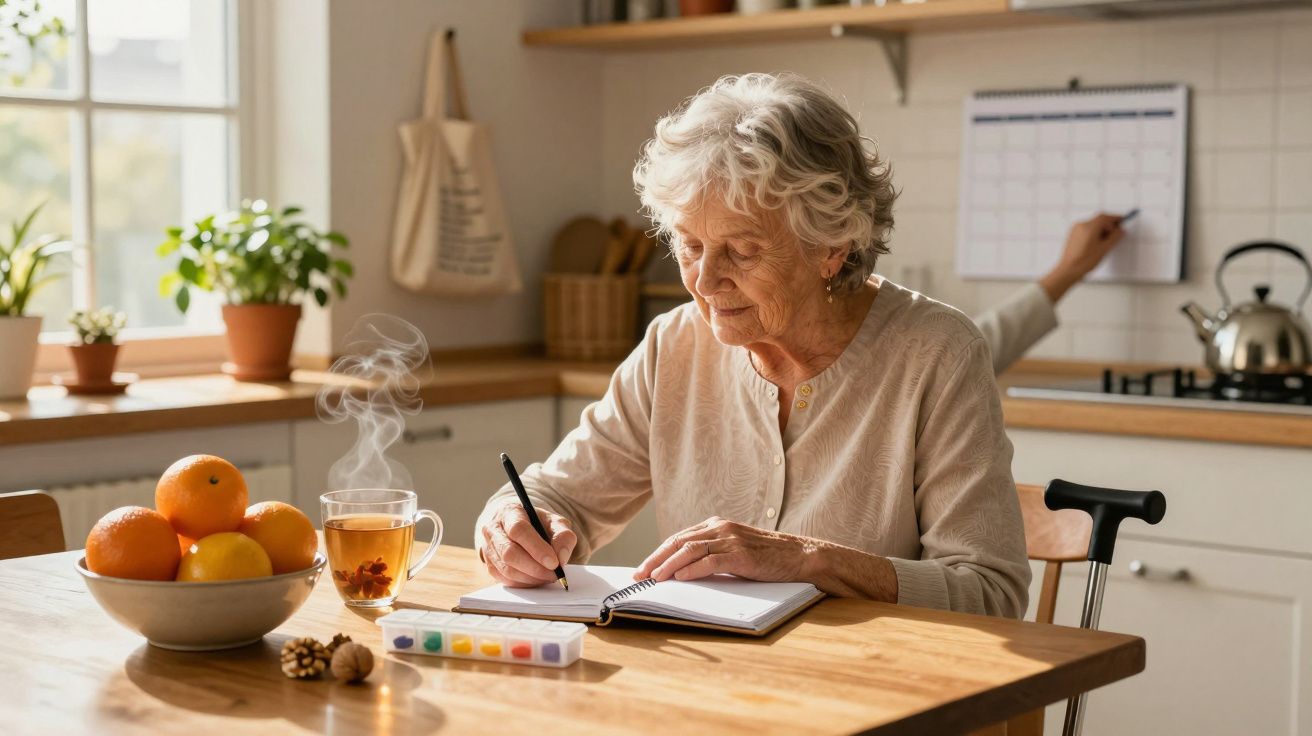 Idosa com caderno sentada à mesa na cozinha iluminada, ao lado de chá e taça de frutas, com calendário na parede.