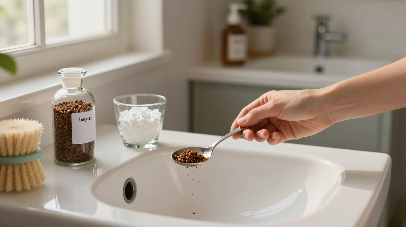 Mão segura colher de borra de café sobre lavatório, com frasco e escova ao lado.