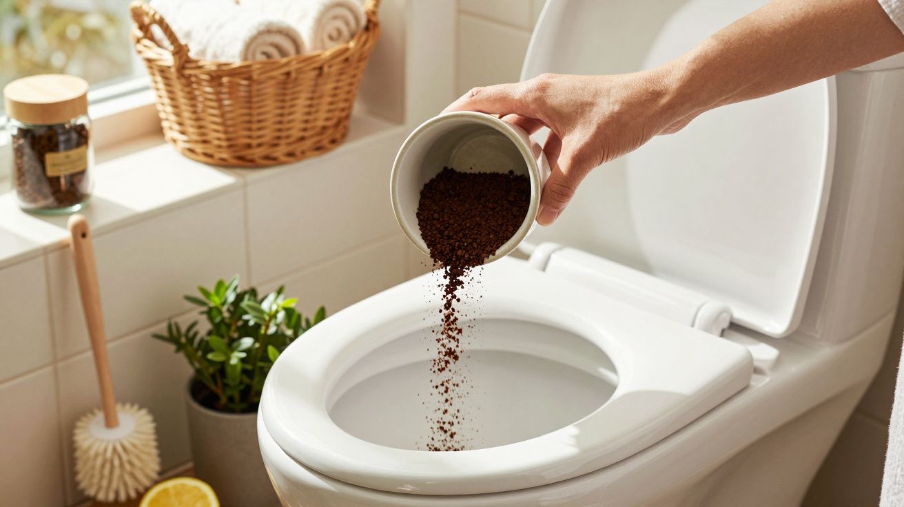 Mão despeja borras de café na sanita branca, com acessórios de casa de banho e plantas ao fundo.