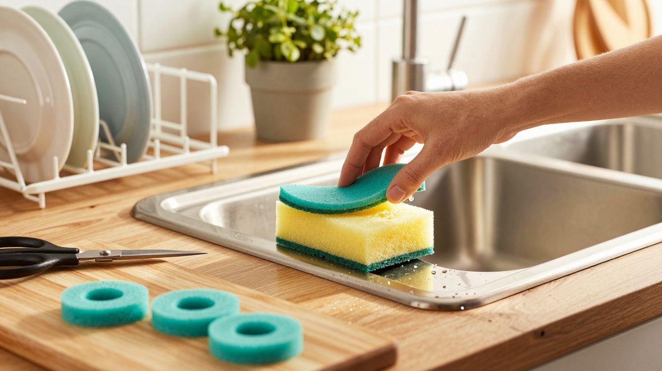 Pessoa a segurar uma esponja azul e amarela, junto a uma bancada de cozinha com pia inox e pratos ao fundo.
