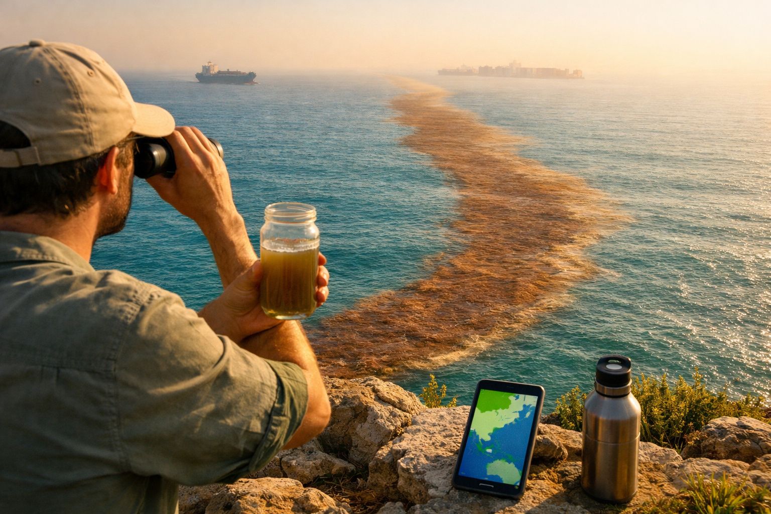 Homem observa mar com binóculos, segurando frasco e smartphone ao lado, com dois navios ao fundo.