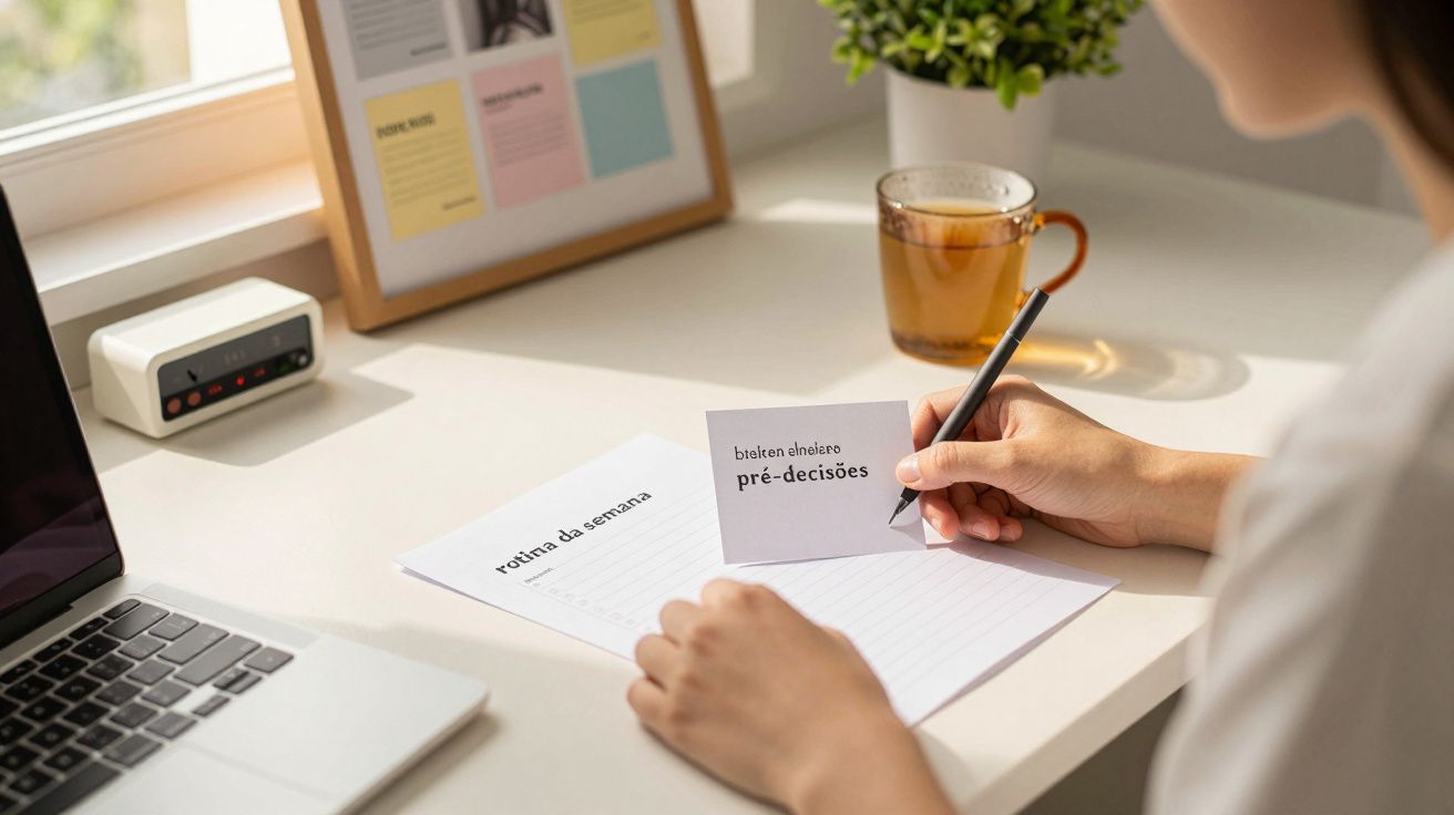 Pessoa escreve em cartão, com chá e computador ao lado, numa mesa organizada.