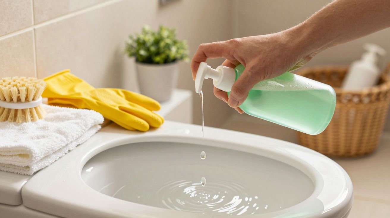 Mão a verter detergente verde sobre sanita, com luvas de limpeza e escova ao lado.