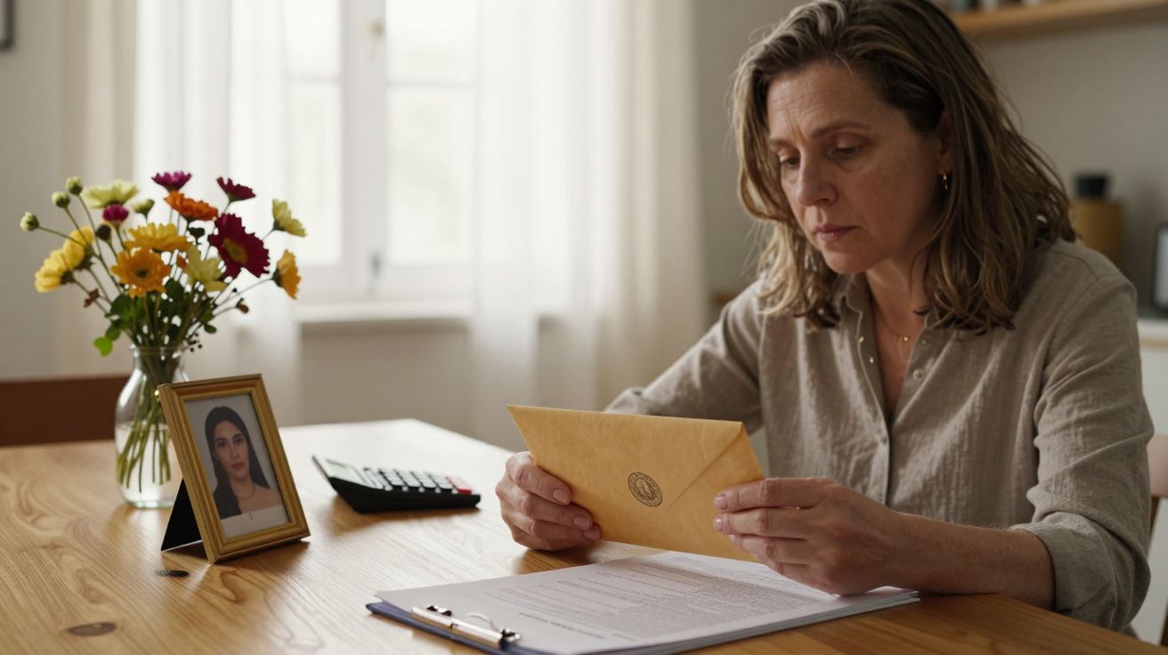 Mulher sentada à mesa, segura carta; ao lado, porta-retrato e flores em vaso.