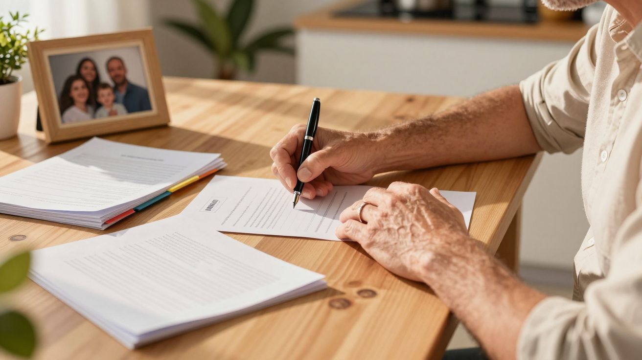 Homem a preencher documentos numa mesa de madeira, com moldura de foto de família ao fundo.