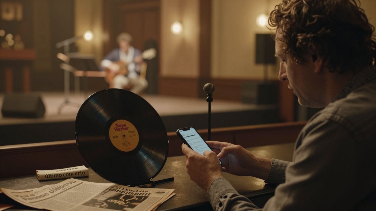 Homem olha para telemóvel numa sala de espetáculo com disco de vinil e jornal; músico ao fundo toca guitarra no palco.