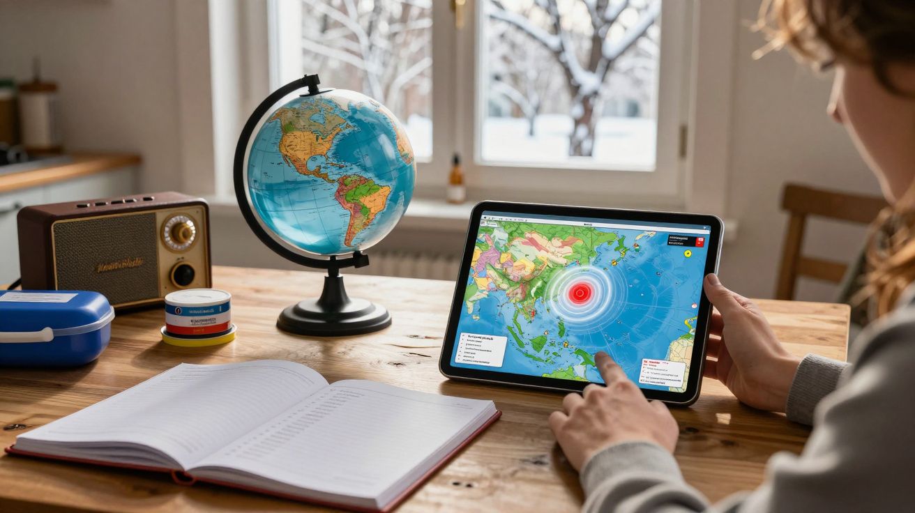 Pessoa usa tablet com mapa interativo, globo terrestre ao lado e caderno aberto sobre a mesa.