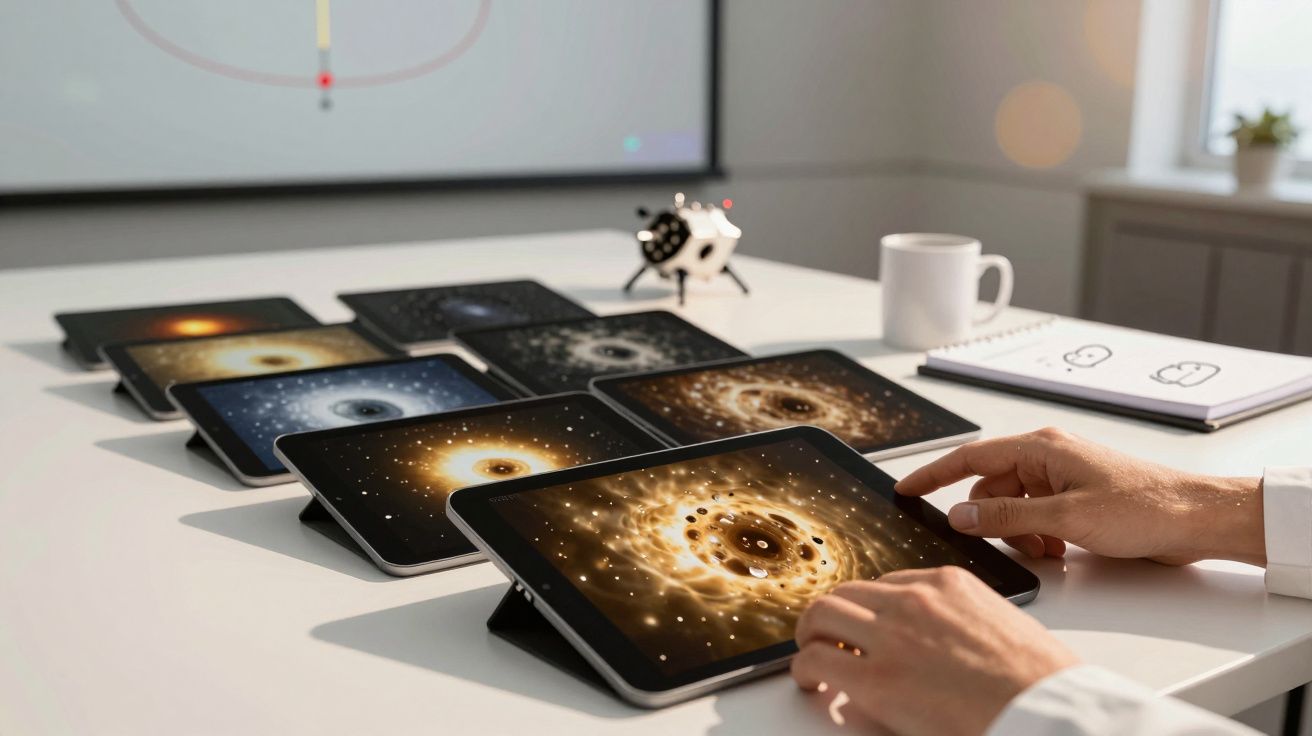 Mãos manipulando um tablet com imagem do espaço, numa mesa com vários tablets exibindo visões semelhantes.