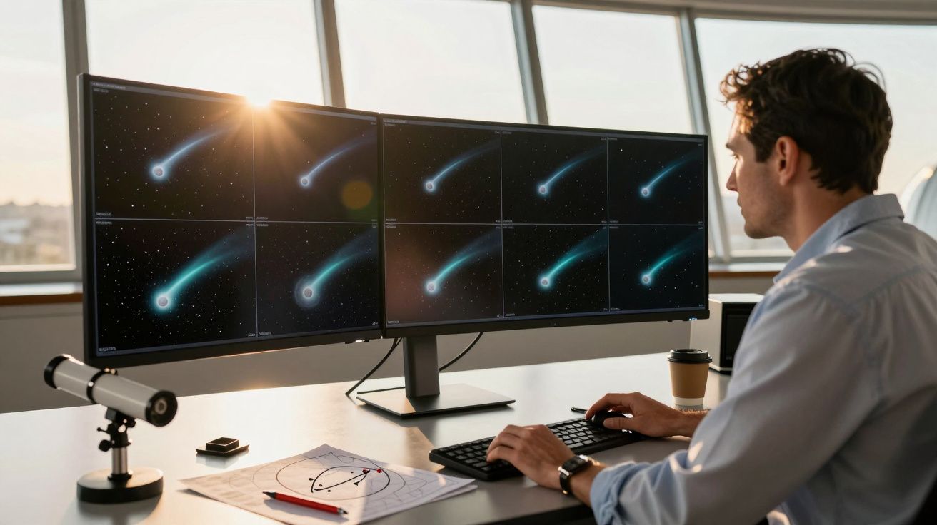 Homem no escritório observa cometas em múltiplos ecrãs de computador; telescópio na mesa.