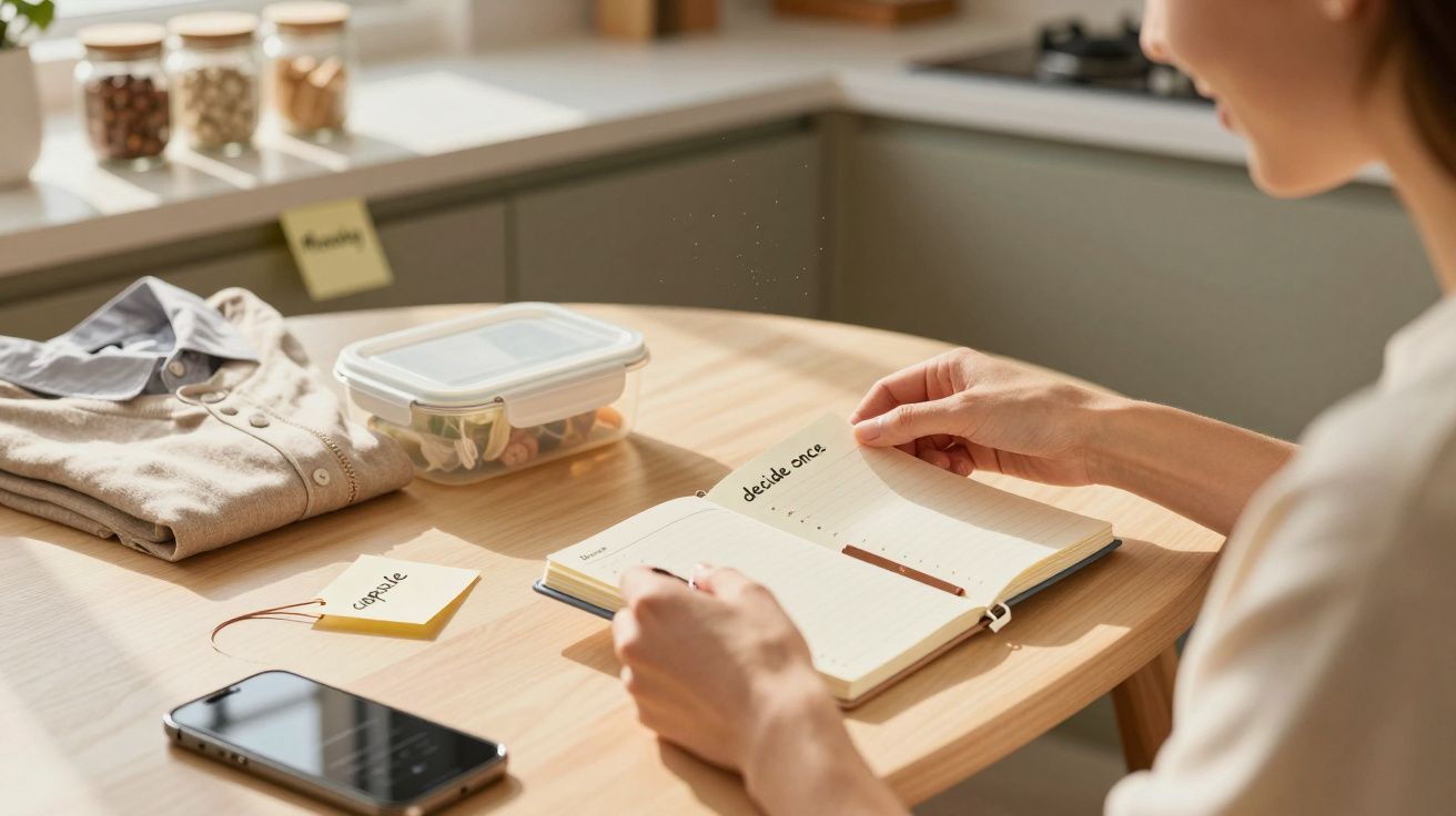 Mulher sentada à mesa com caderno aberto, roupa dobrada, caixa de plástico e telemóvel por perto.