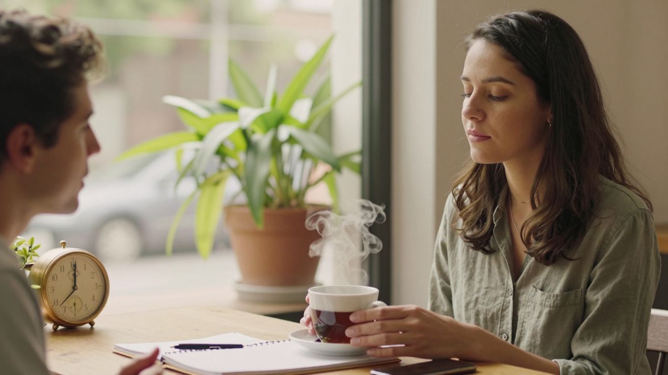 Mulher segura chá numa sala com plantas, enquanto fala com um homem. Relógio e caderno na mesa.