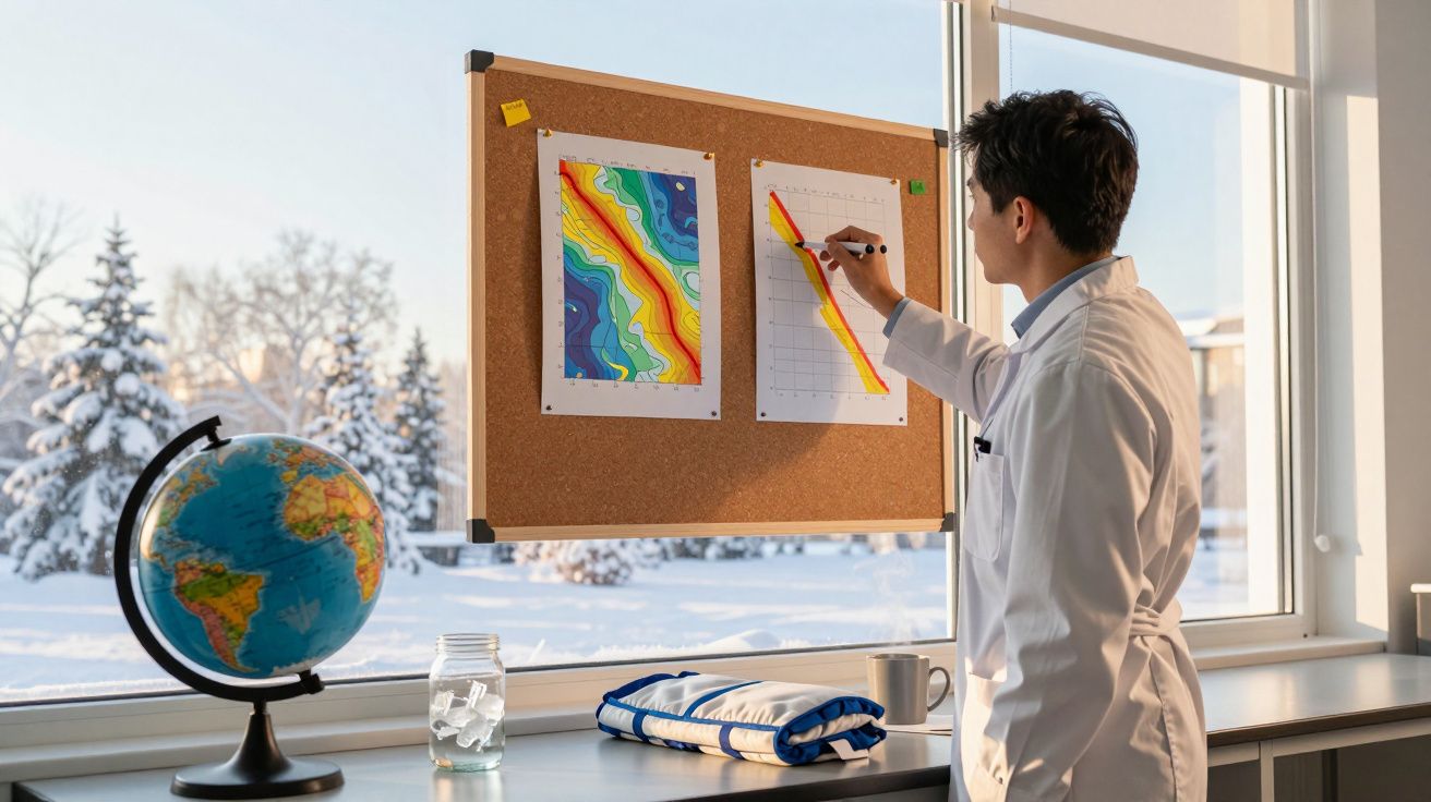 Pessoa de bata branca escreve num gráfico, frente a janela com neve lá fora; há um globo e documentos na mesa.