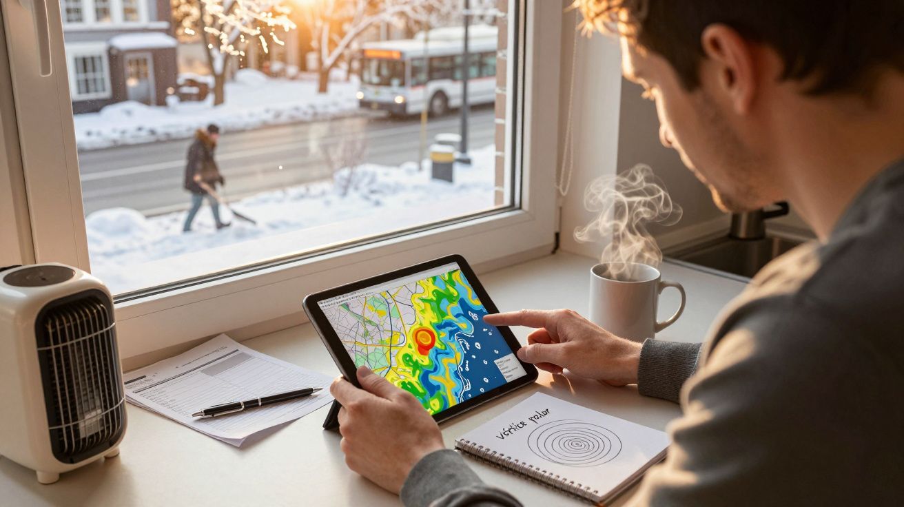 Homem consulta mapa meteorológico num tablet, num escritório com janela, chá e aquecedor. Neve lá fora.