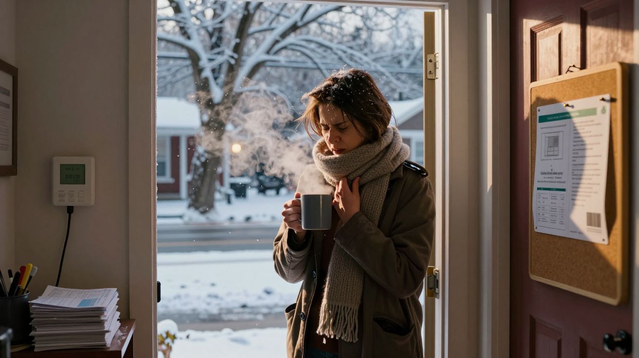 Pessoa de pé à porta, com uma caneca, num ambiente nevado de inverno.