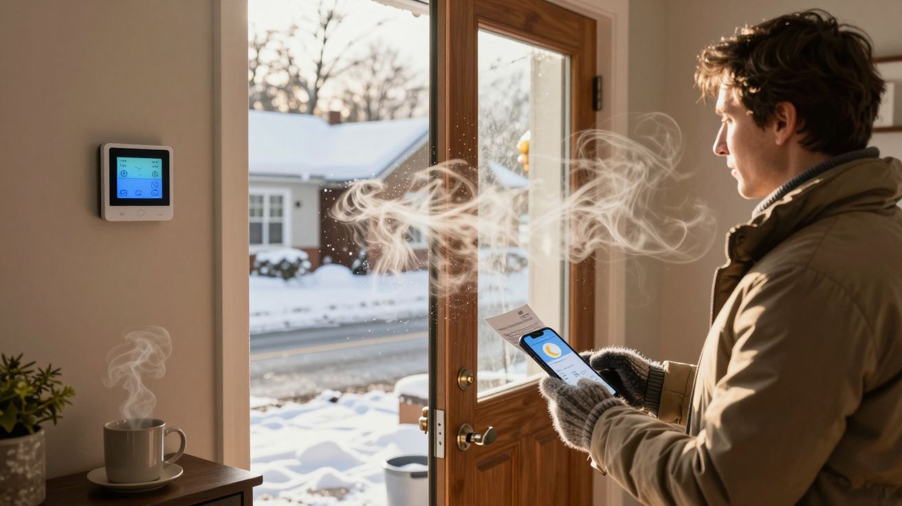Homem de luvas, aquecendo-se ao entrar, segura tablet com app. Vapor visível; neve lá fora. Termóstato na parede.