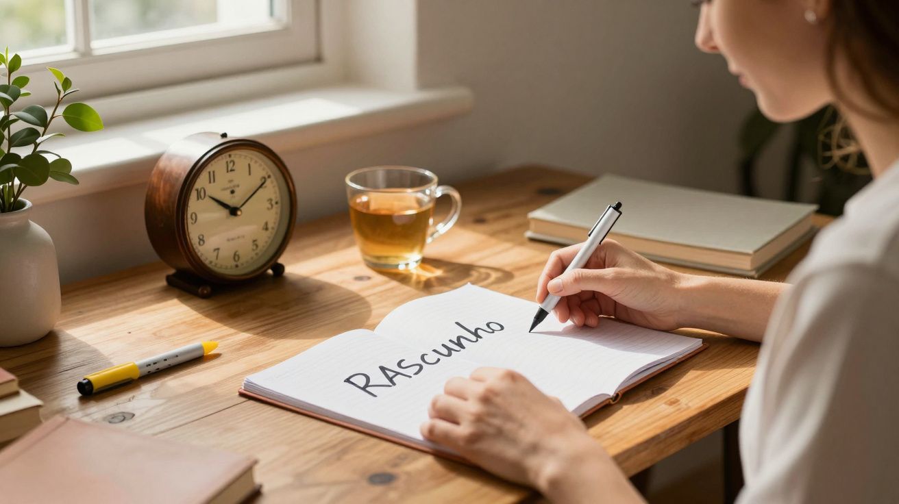Mulher escreve "rascunho" num caderno em mesa de madeira com chá, relógio e caderno ao fundo.