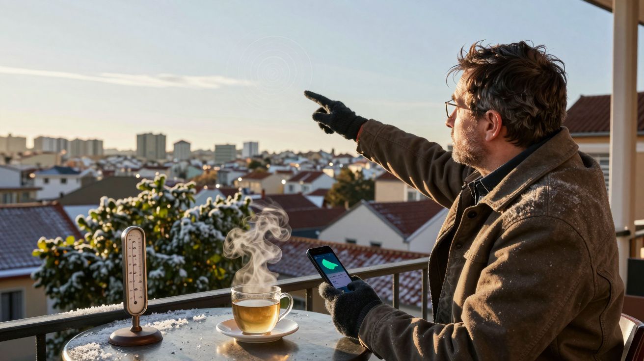 Homem com roupa de inverno em varanda, segurando telemóvel, aponta para o céu. Mesa com chá e termómetro ao lado.