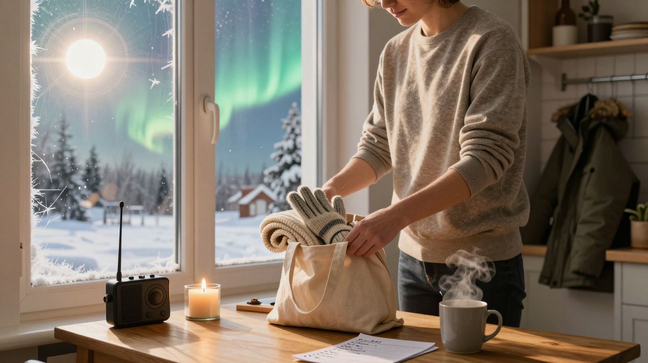 Pessoa a arrumar luvas numa bolsa em frente à janela com aurora boreal. Vela, rádio e lista sobre a mesa.