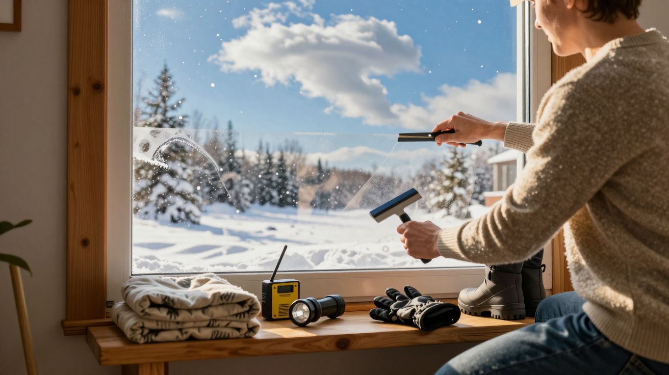 Pessoa limpa janela com vista para paisagem nevada, mesa com roupa, lanterna, rádio e luvas ao lado.