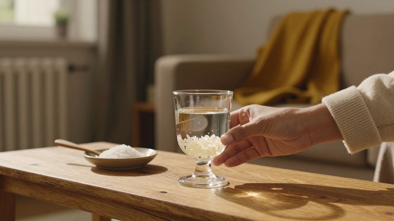 Mão segura copo com grãos de kefir em mesa de madeira, ao lado de prato raso com mais grãos. Sala ao fundo.