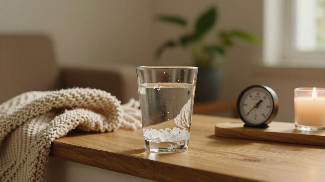 Copo de água com pedras, termómetro e vela sobre mesa de madeira, manta e planta ao fundo numa sala acolhedora.