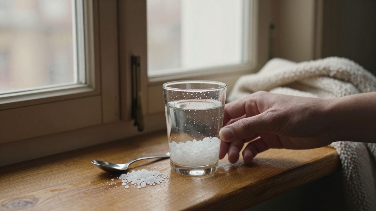 Mão segurando um copo com água e sal sobre uma janela, ao lado de uma colher com sal grosso.