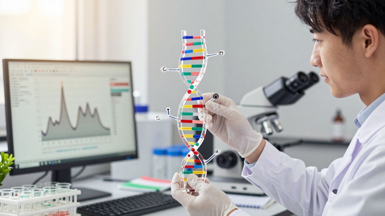 Investigador analisa modelo de ADN em laboratório, com computador e microscópio ao fundo.