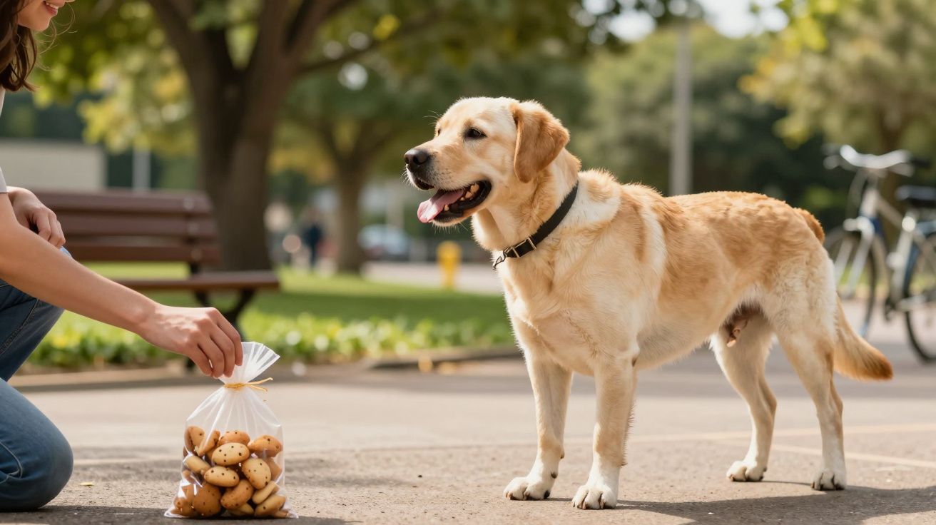 Pessoa oferecendo biscoitos a um cão labrador num parque ensolarado com árvores e bicicletas ao fundo.