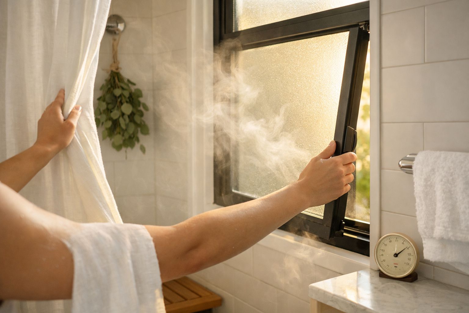 Pessoa abrindo cortina de janela numa casa de banho com vapor. Toalhas e planta ao lado da janela aberta.