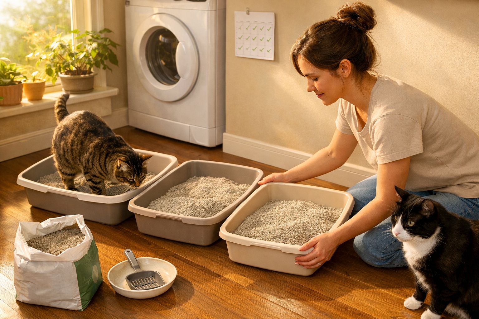 Mulher limpa caixa de areia de gato enquanto dois gatos observam em sala bem iluminada com plantas.