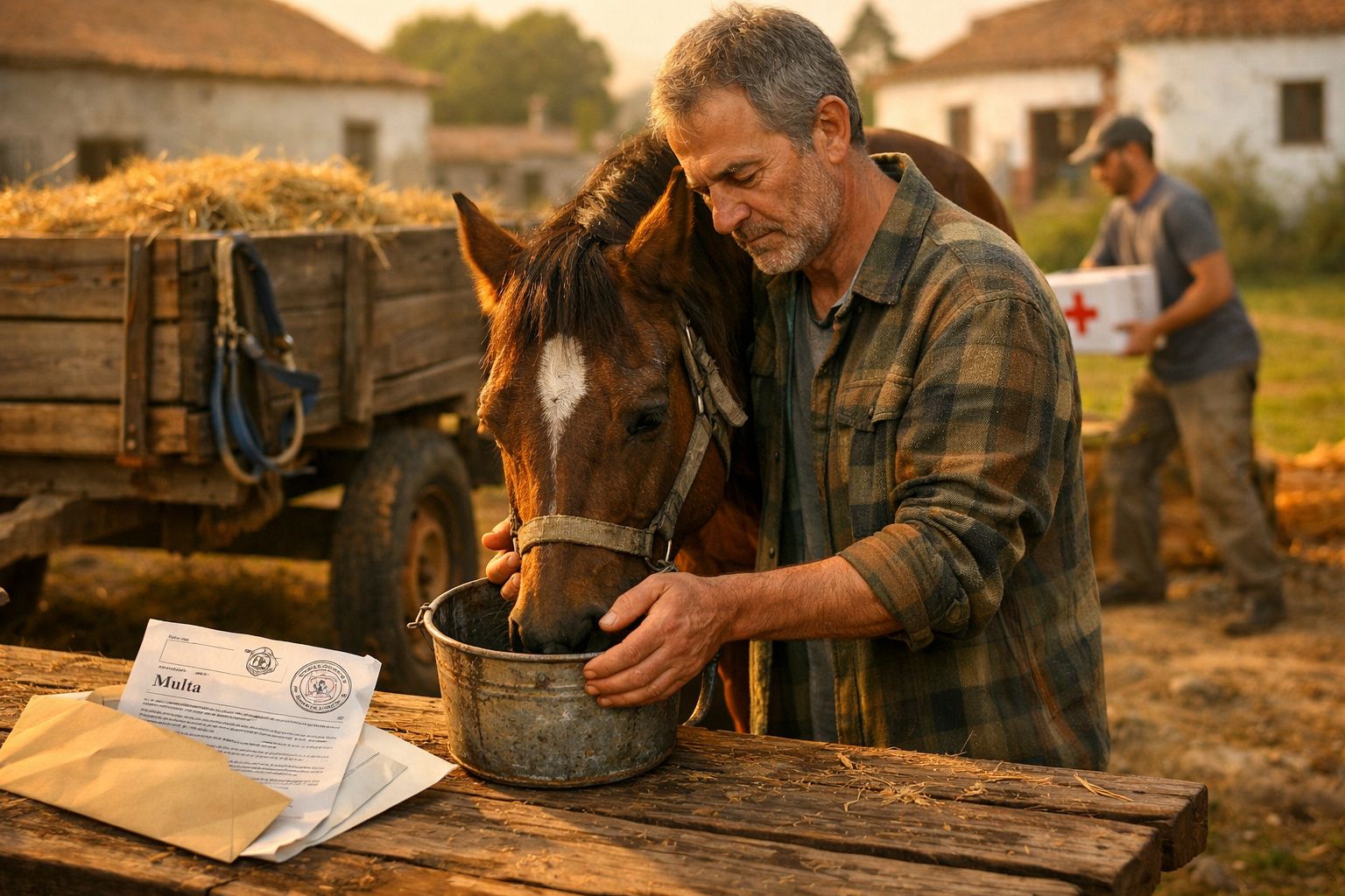 Homem alimenta cavalo com balde azul, perto de casa rústica, enquanto três pessoas cuidam de cavalos ao fundo.