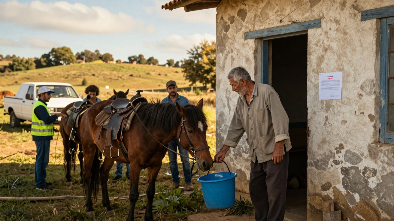 Homem alimenta cavalo junto a casa rústica, enquanto três homens e carro estão ao fundo, em cenário rural.