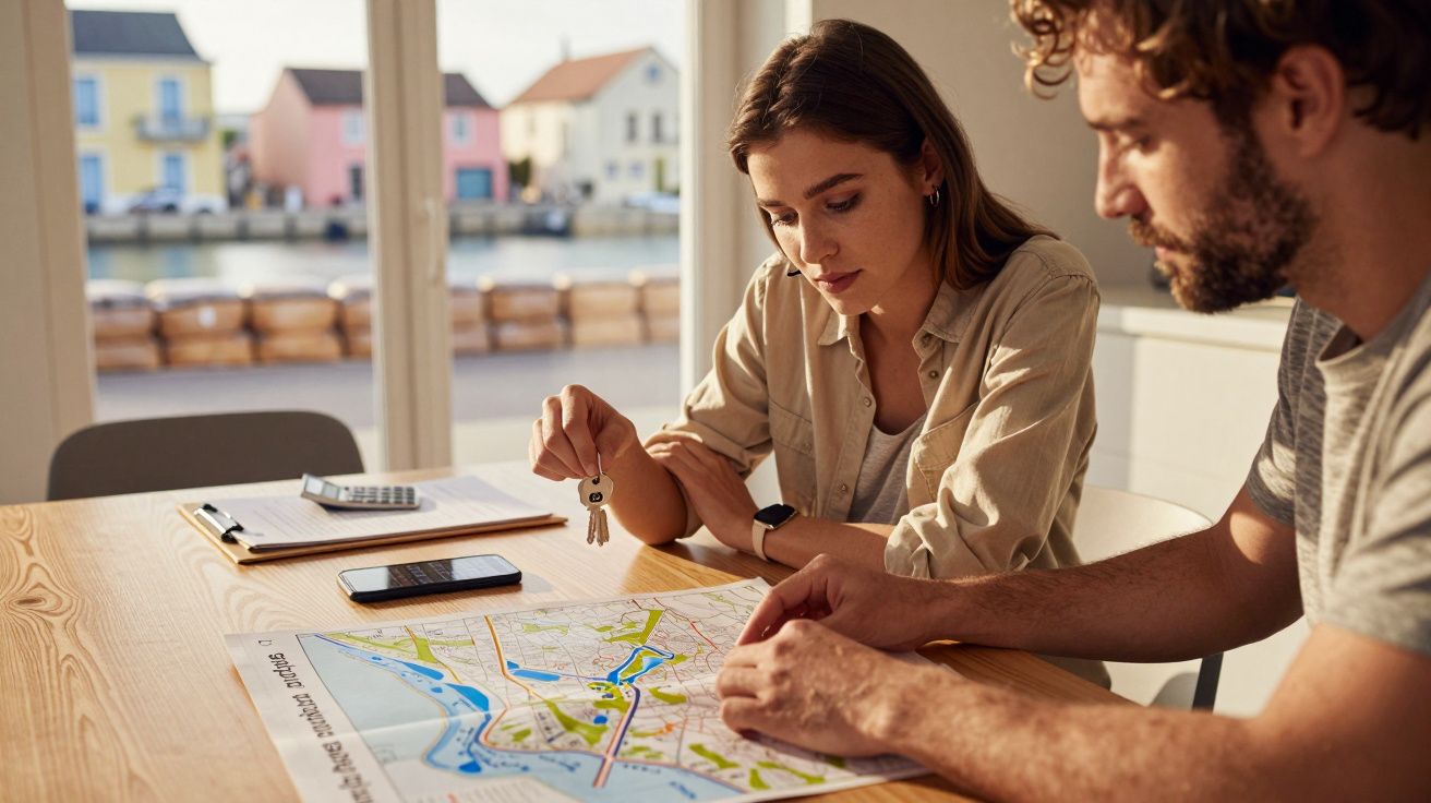 Casal analisa um mapa numa mesa, com chaves na mão, ao lado de telefone e calculadora, casas coloridas ao fundo.