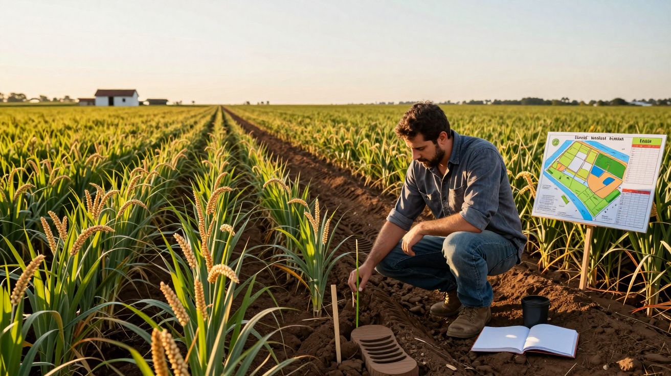 Homem ajoelhado numa plantação examina as plantas com um caderno aberto e um cartaz com um diagrama ao lado.
